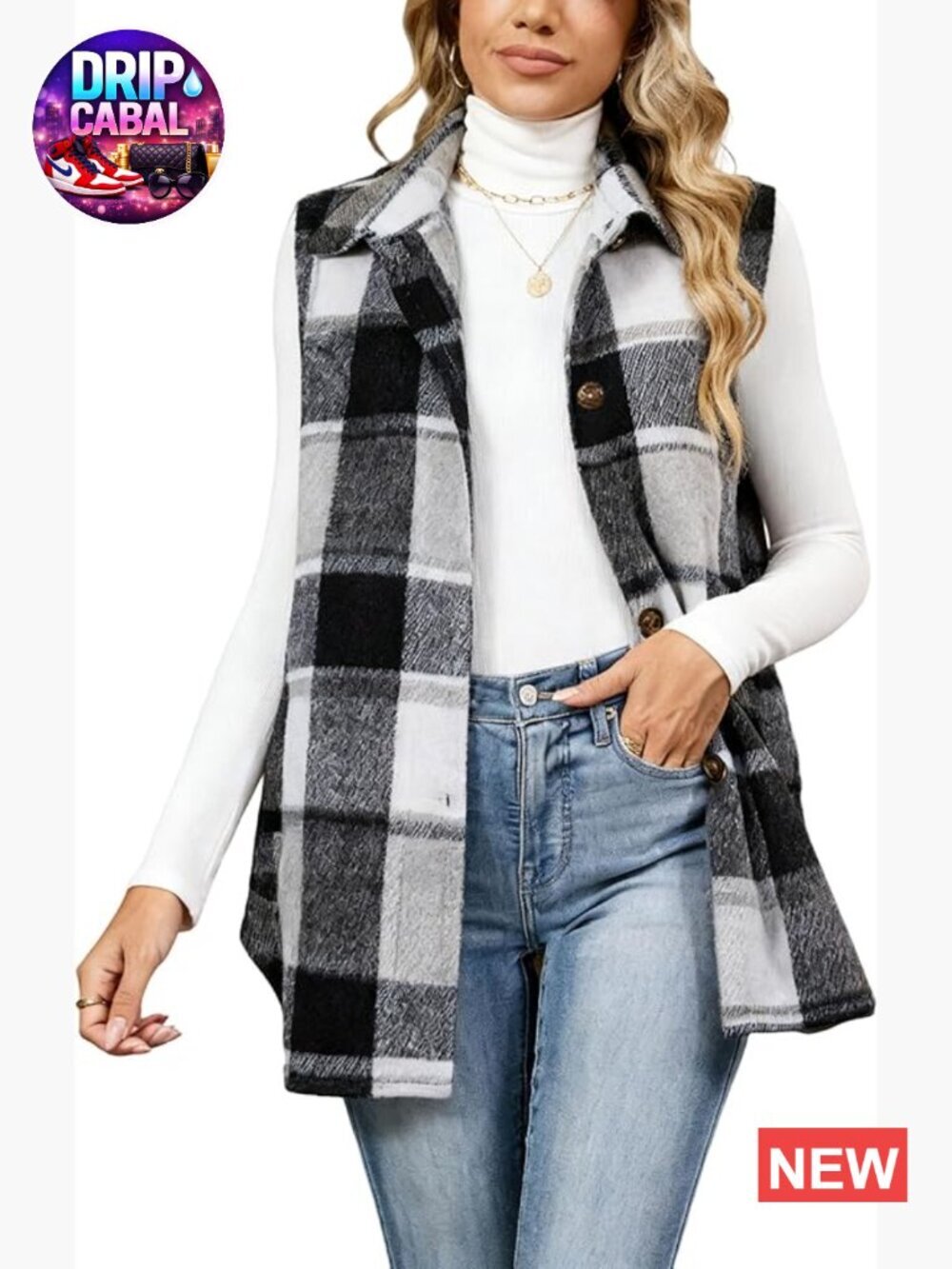 Women's Plaid Vest Brushed Flannel Sleeveless Shacket Jacket with Pockets